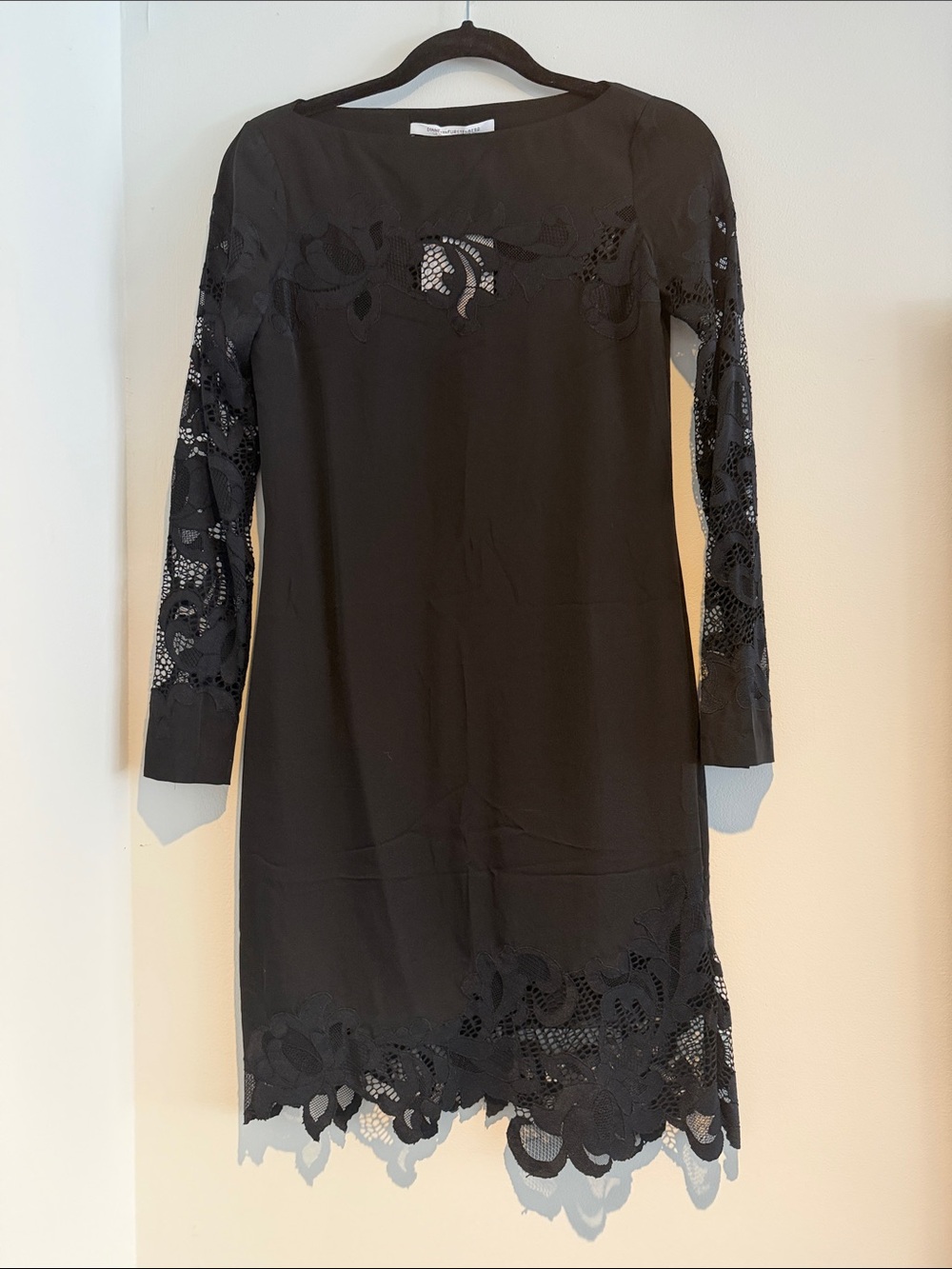 DVF Black Lace-Trim Long Sleeve Dress